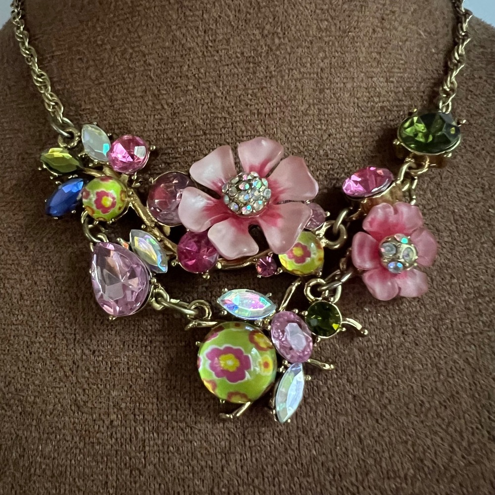 Betsey Johnson Spring Glam Flower Insect Crystal Necklace 19.5" Y2K Cottagecore